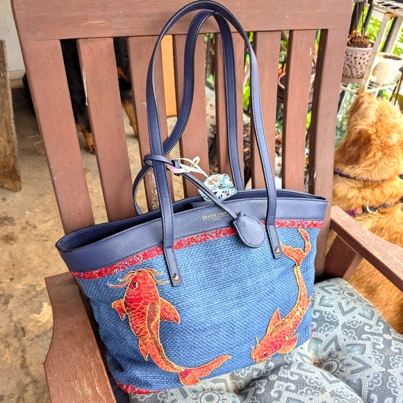 PEACE GARDEN DESIGNS X DRAPER JAMES Handbags - UPCYCLED 🐠💙 DON'T BE KOI 💙🐠Leather/Woven Cotton TOTE🌿 PEACE GARDEN DESIGNS